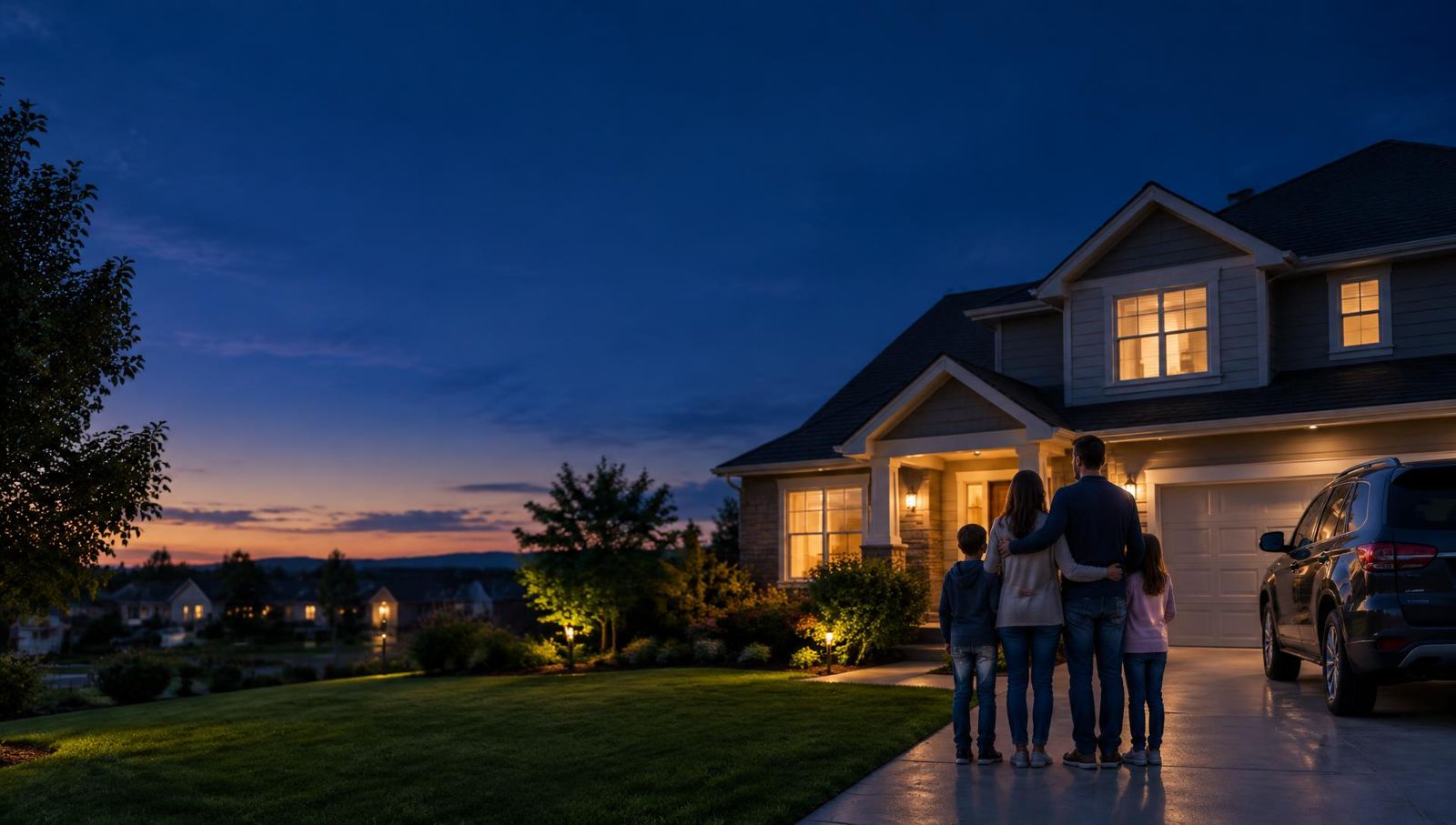 Family standing together in front of their lit home and car at dusk, protected and secure