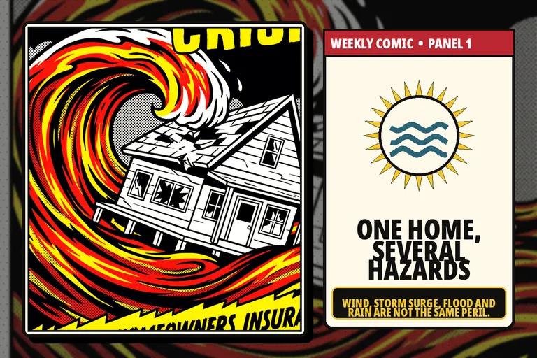 Comic-style coastal home facing wind and waves.