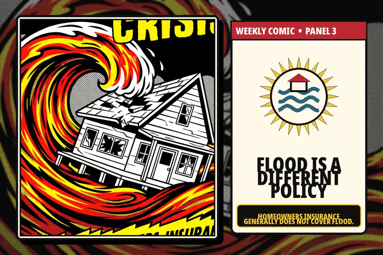 Comic-style separate flood insurance policy beside rising coastal water.