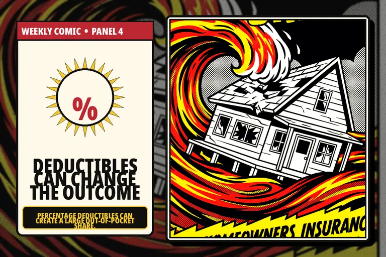 Comic-style percentage deductible calculation for coastal storm damage.