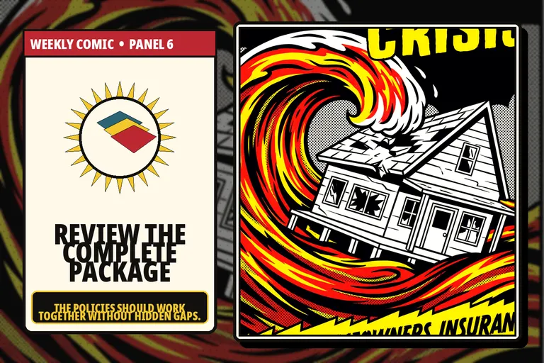 Comic-style layered homeowners, wind and flood insurance policies.