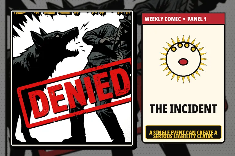 Comic-style dog-bite liability incident without graphic injury.
