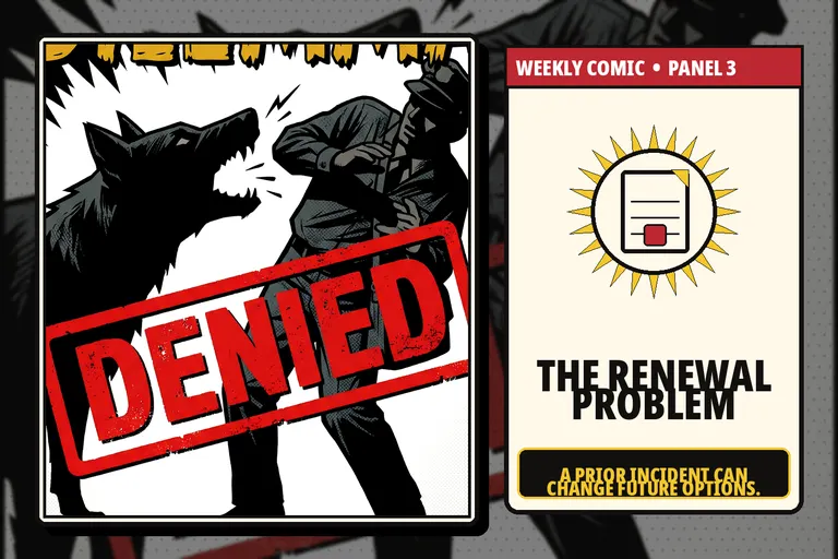 Comic-style homeowners insurance renewal document after a dog liability claim.