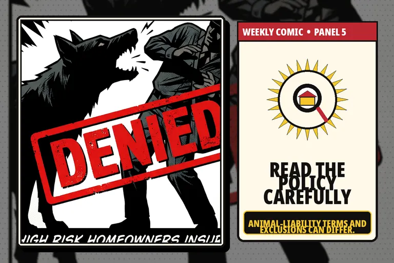 Comic-style magnifying glass reviewing animal-liability policy terms.