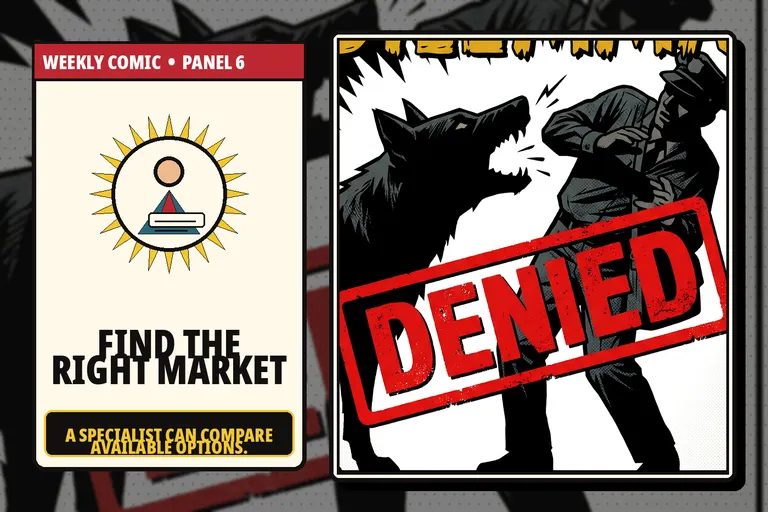 Comic-style licensed insurance specialist reviewing dog-liability coverage options.