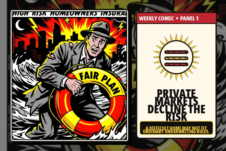 Comic-style homeowner facing multiple private insurance declines.