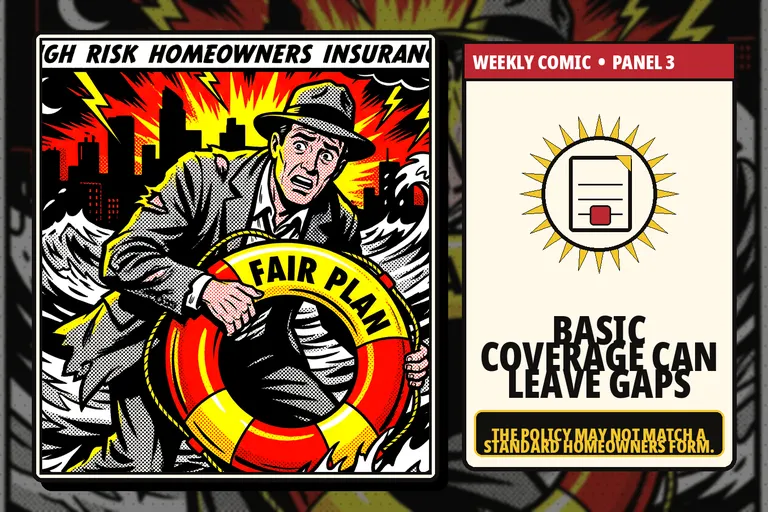 Comic-style limited FAIR Plan policy with visible coverage gaps.