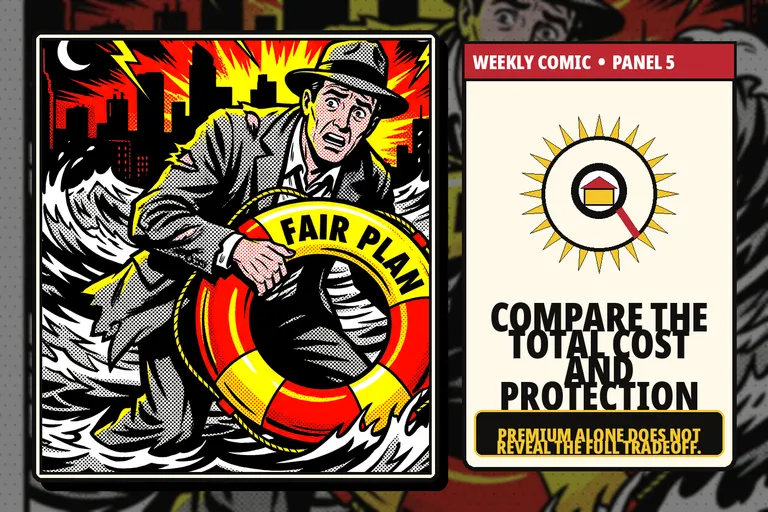 Comic-style comparison of FAIR Plan and companion-policy costs and terms.