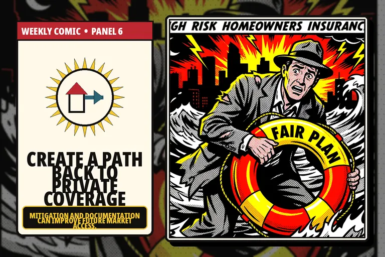Comic-style pathway from a FAIR Plan back to private homeowners insurance.