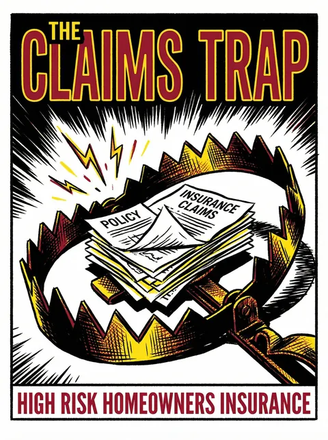 The Claims Trap comic cover showing insurance claim papers caught in a mechanical trap.