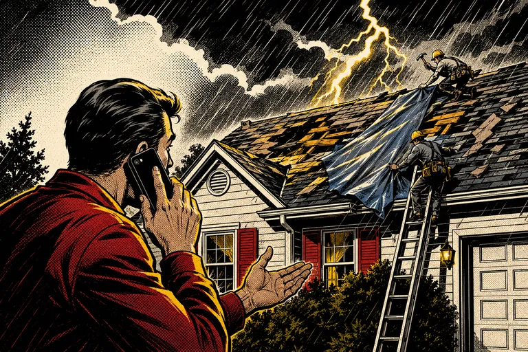 Homeowner calling about an insurance claim while roofers place a tarp over storm damage.