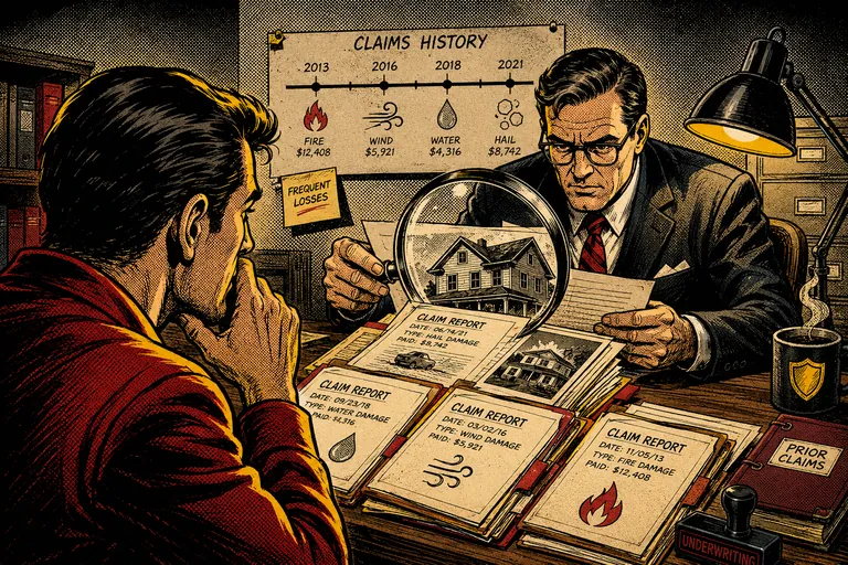 Insurance reviewer examining multiple prior claim reports and a claim-history timeline.