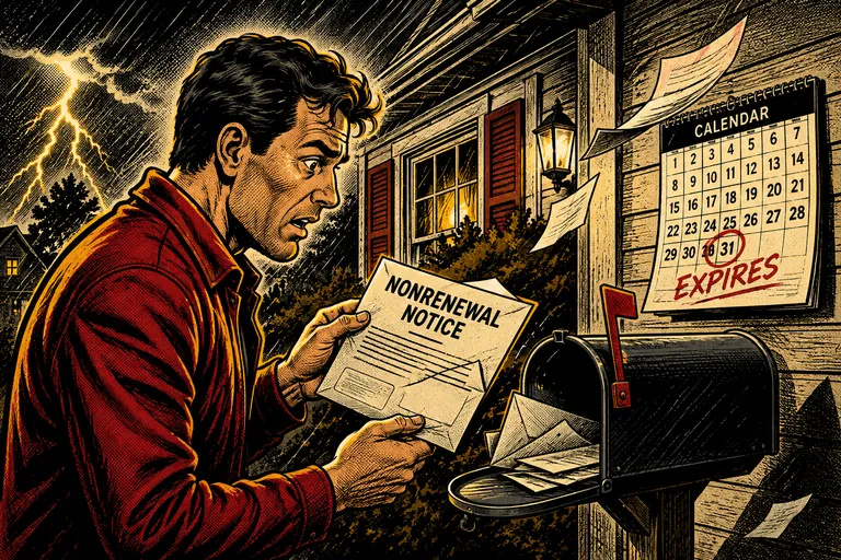 Concerned homeowner reading a nonrenewal notice beside a mailbox and an approaching expiration date.