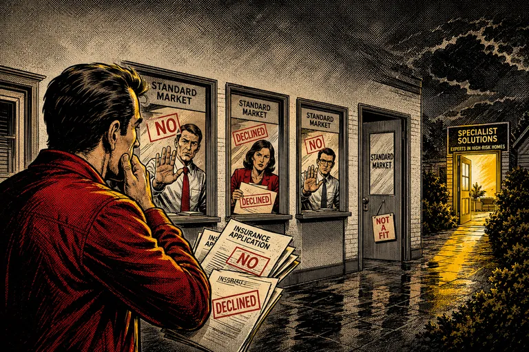 Homeowner holding declined insurance applications outside several standard-market offices.