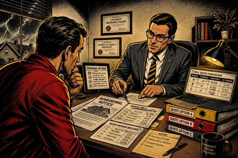Licensed insurance specialist reviewing a nonrenewal notice, repair records, deductibles, and quote options with a homeowner.