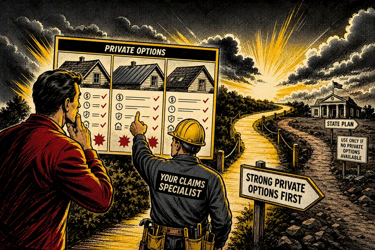 Homeowner and specialist comparing private insurance options with a state-backed plan shown as a fallback.