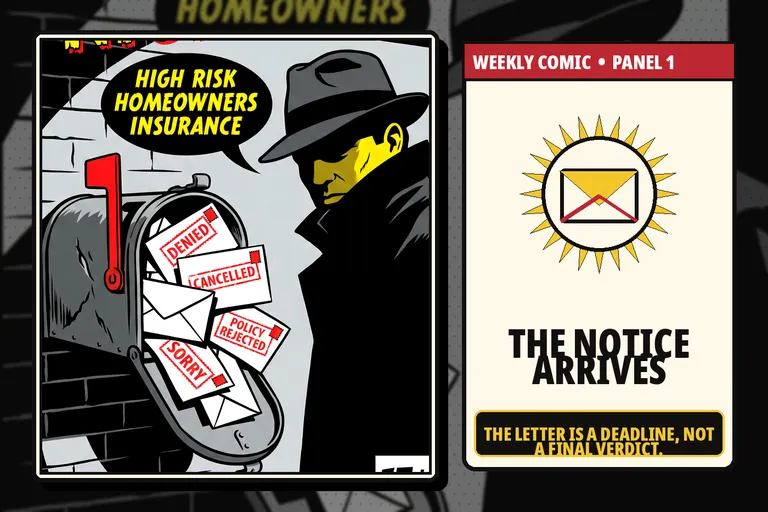 Comic-style homeowner receiving a nonrenewal letter in the mail.