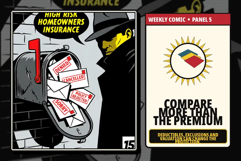 Comic-style comparison of different homeowners insurance policy terms.
