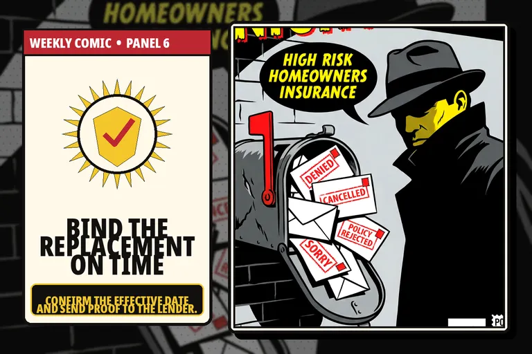 Comic-style homeowner securing replacement coverage before expiration.