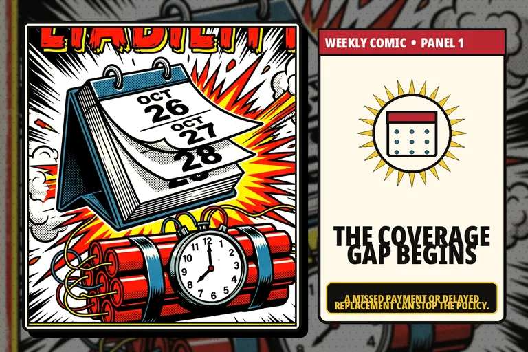 Comic-style calendar and clock showing a homeowners insurance lapse.