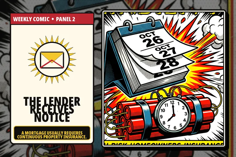 Comic-style lender notice after a homeowners insurance lapse.
