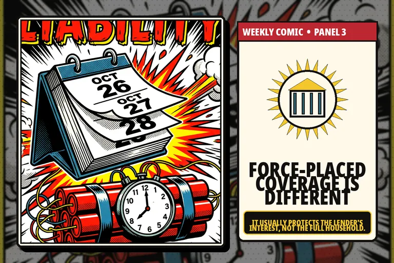 Comic-style bank and lender-placed insurance policy.