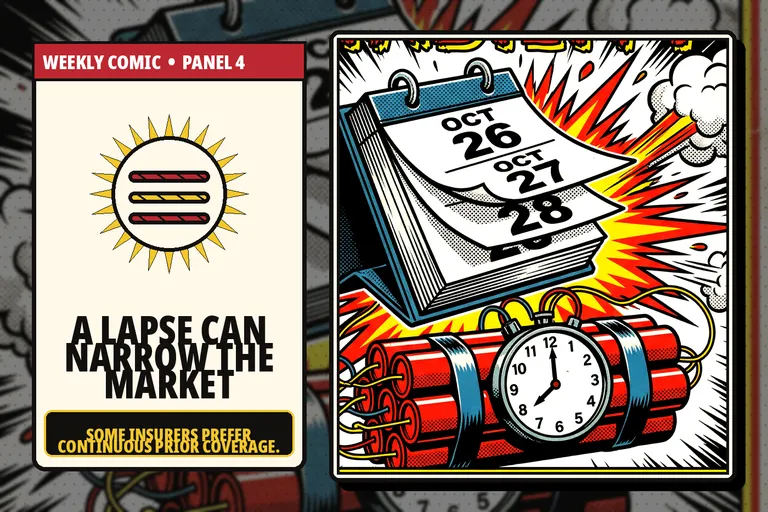 Comic-style insurance market barrier caused by a lapse in coverage.