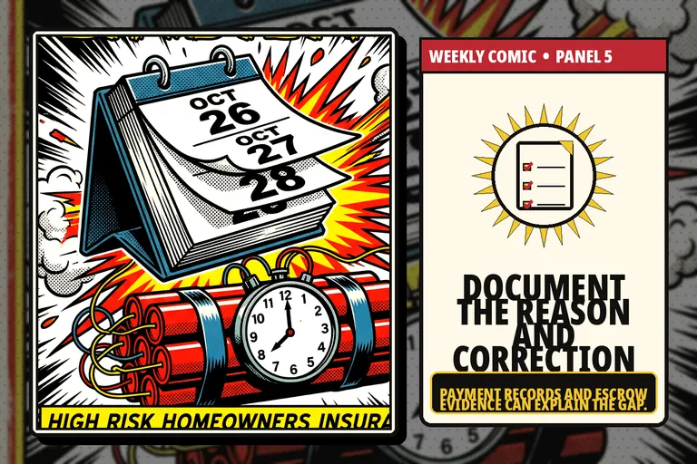 Comic-style payment and escrow records documenting a coverage lapse.