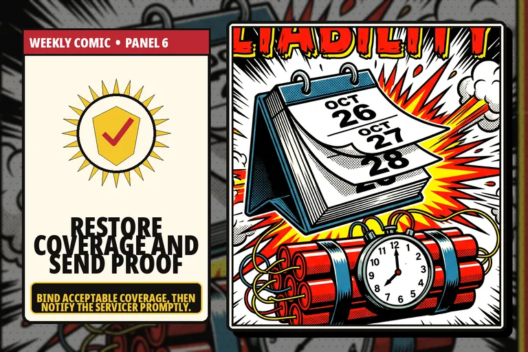 Comic-style restored homeowners insurance coverage and proof sent to a lender.