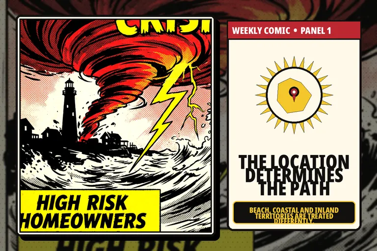 Comic-style North Carolina map showing beach, coastal and inland insurance territories.