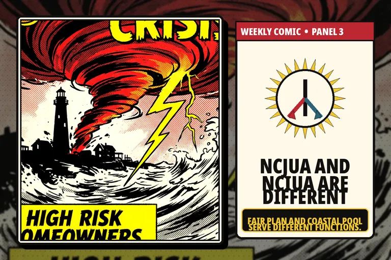 Comic-style split path comparing NCJUA FAIR Plan and NCIUA Coastal Property Insurance Pool.
