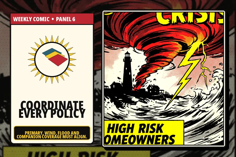 Comic-style layered North Carolina primary, wind and flood policies.