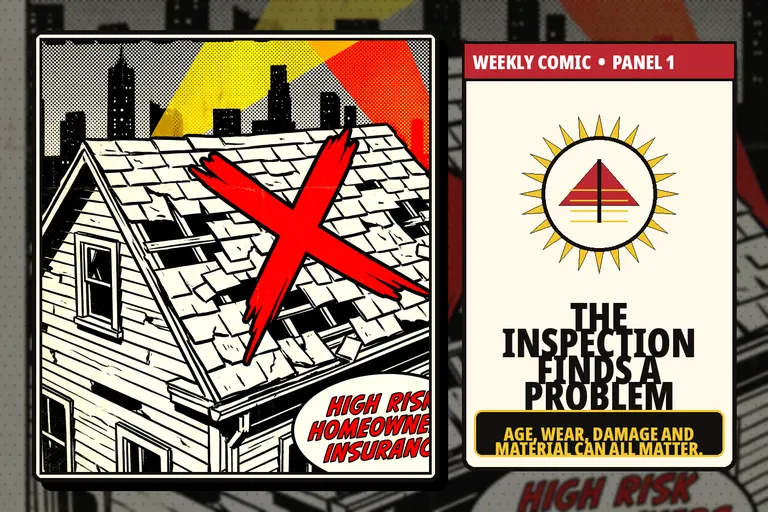 Comic-style aging roof under an insurance inspection.
