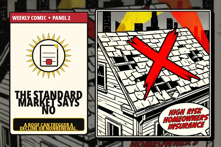 Comic-style declined home insurance application because of roof condition.