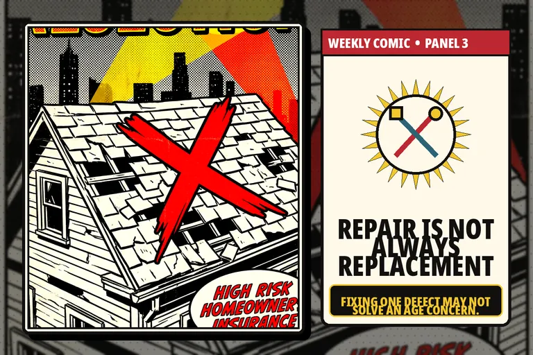 Comic-style roof repair tools beside an aging roof.