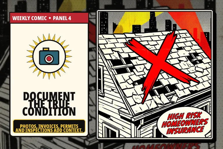Comic-style roof photographs, invoices and inspection records.