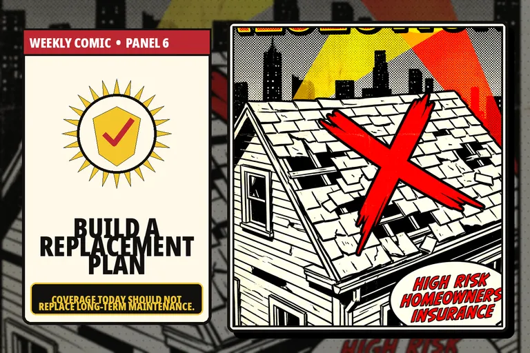 Comic-style protected home with a repaired roof and planning documents.
