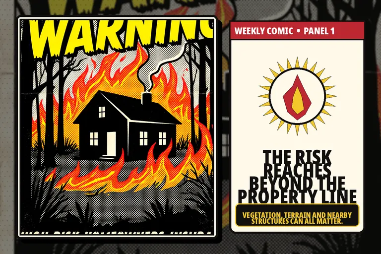 Comic-style home surrounded by wildfire exposure.