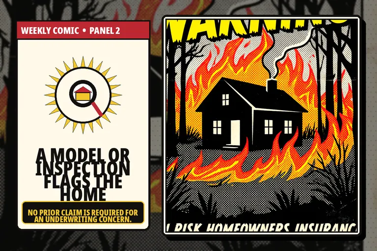 Comic-style wildfire risk inspection and aerial review.