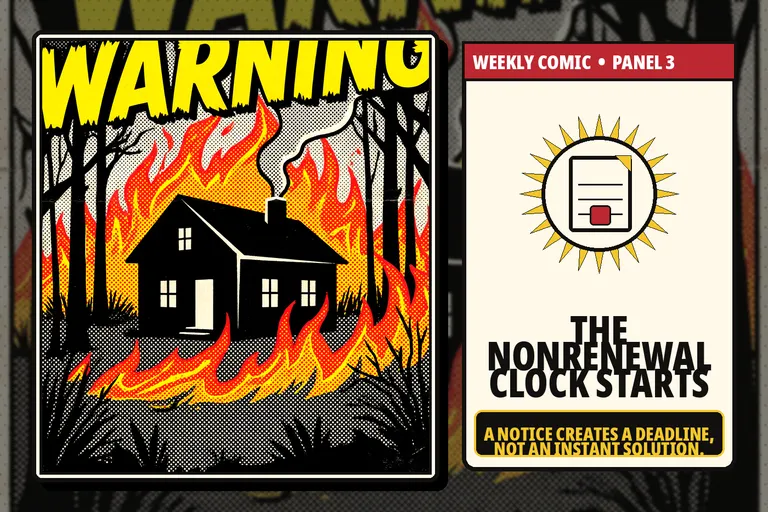 Comic-style wildfire-related nonrenewal notice.