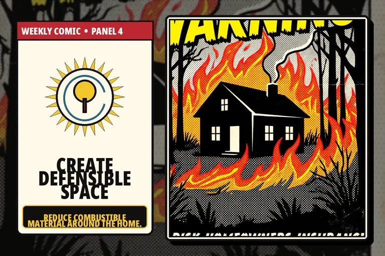 Comic-style defensible space and vegetation work around a home.