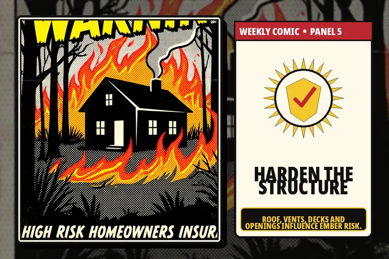 Comic-style wildfire-hardened house with protected roof and vents.
