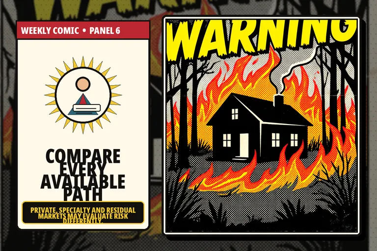 Comic-style insurance specialist comparing wildfire home coverage options.