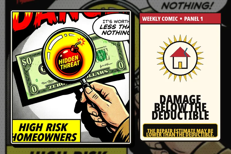 Comic-style graphic of a damaged home and a no-payout insurance claim.
