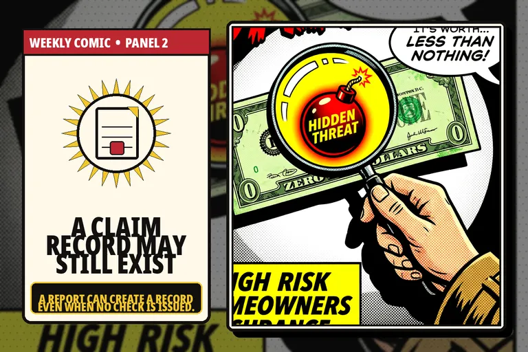 Comic-style insurance document representing a claim record with no payment.