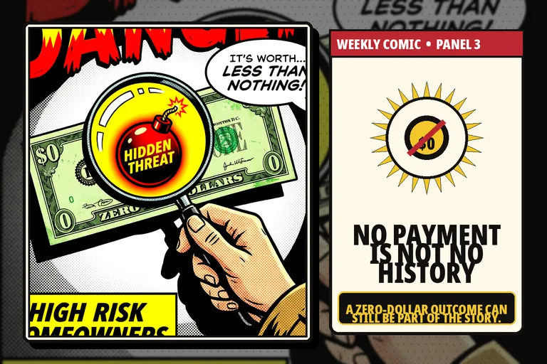 Comic-style zero-dollar symbol over a homeowners insurance file.