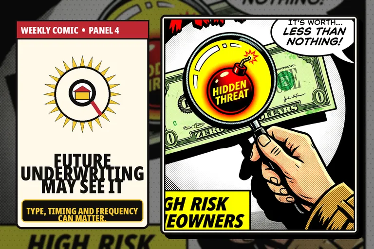 Comic-style magnifying glass examining a prior homeowners insurance loss.