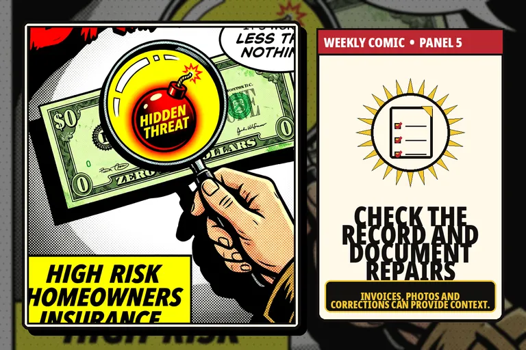 Comic-style repair records, photographs and a completed checklist.