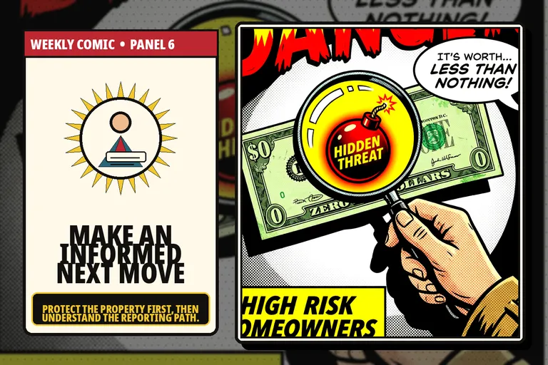 Comic-style homeowner reviewing insurance options with a licensed specialist.